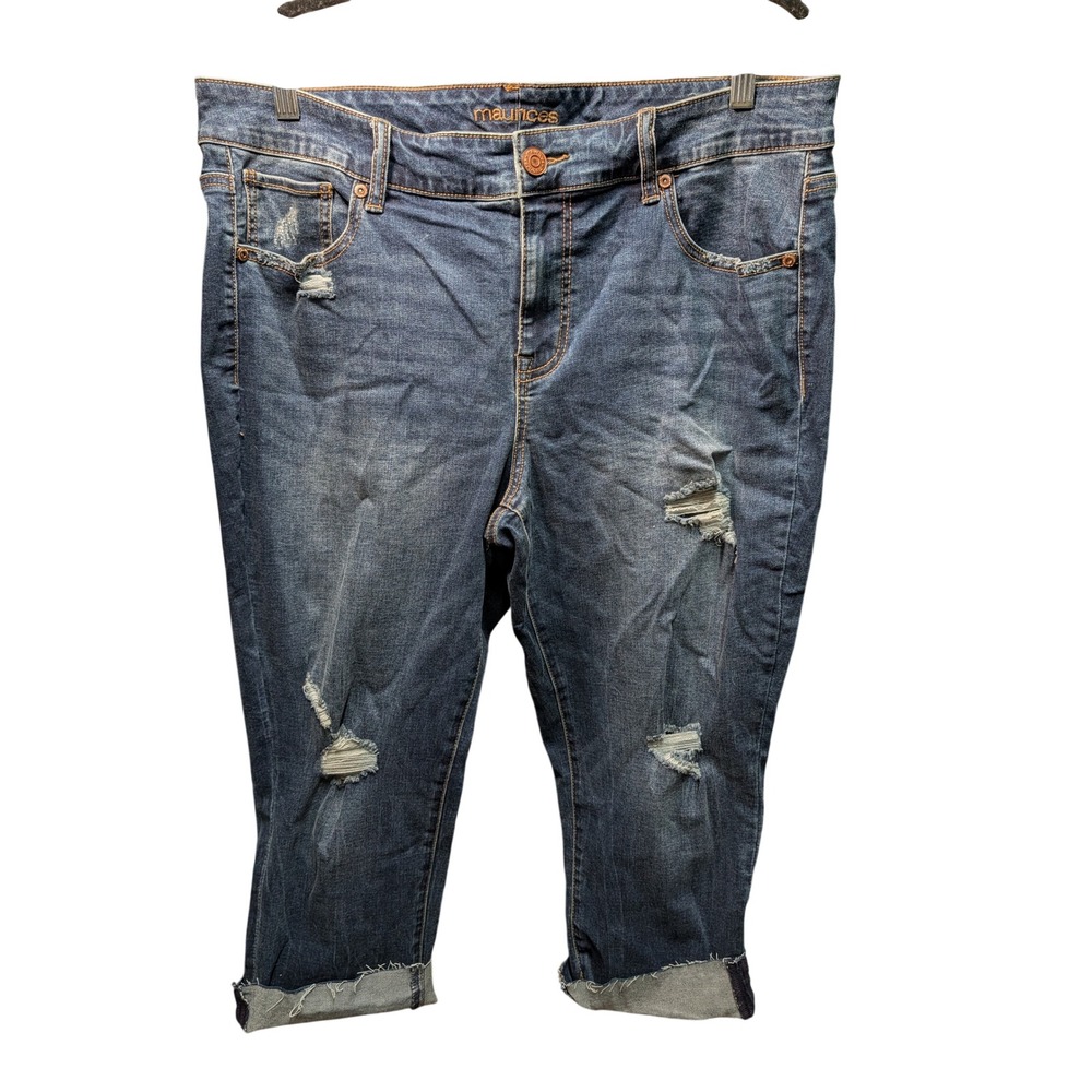 Maurices Capri Jeans Women 18W Blue Good Distressed Ripped Raw Hem Stretch